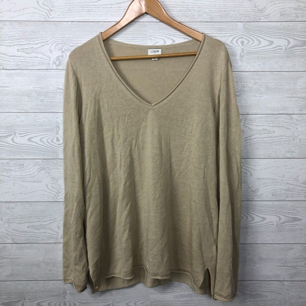 J Crew Women's XL Linen Blend Long Sleeve V Neck Lightweight Sweater Tan Knit